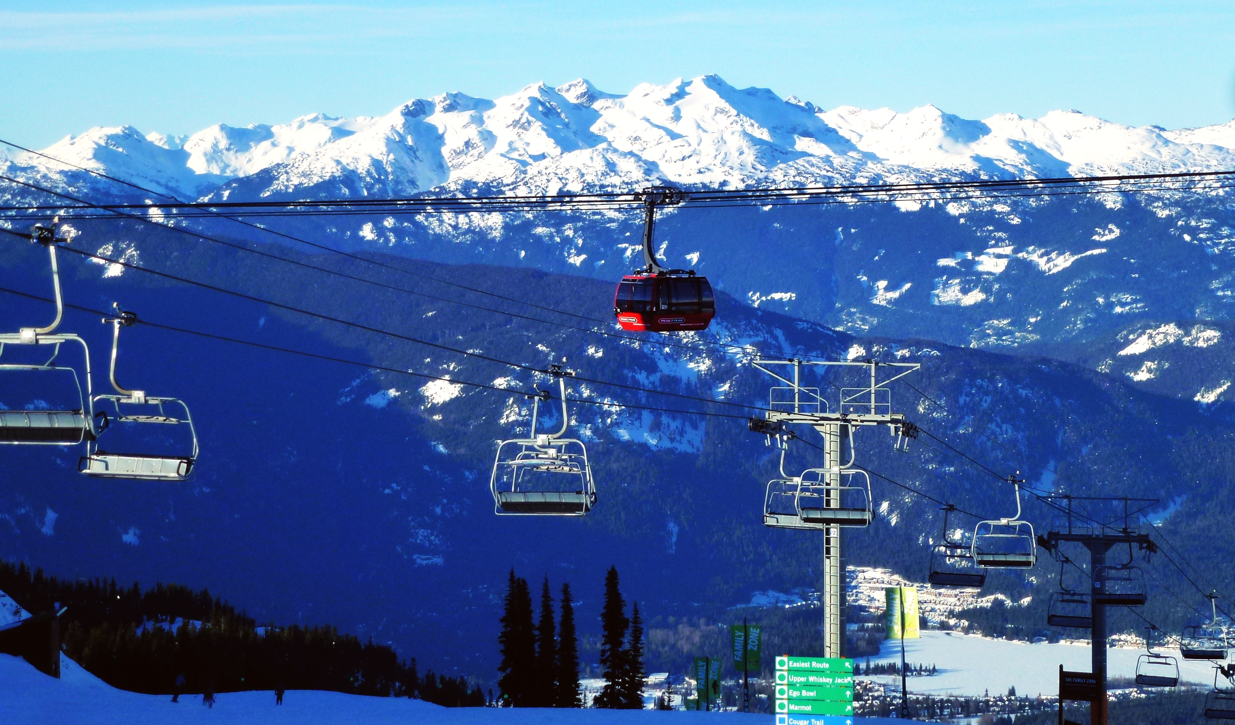 Peak to Peak Gondola at Whistler Blackcomb during ski season, gliding above snow-covered forests and majestic alpine peaks.