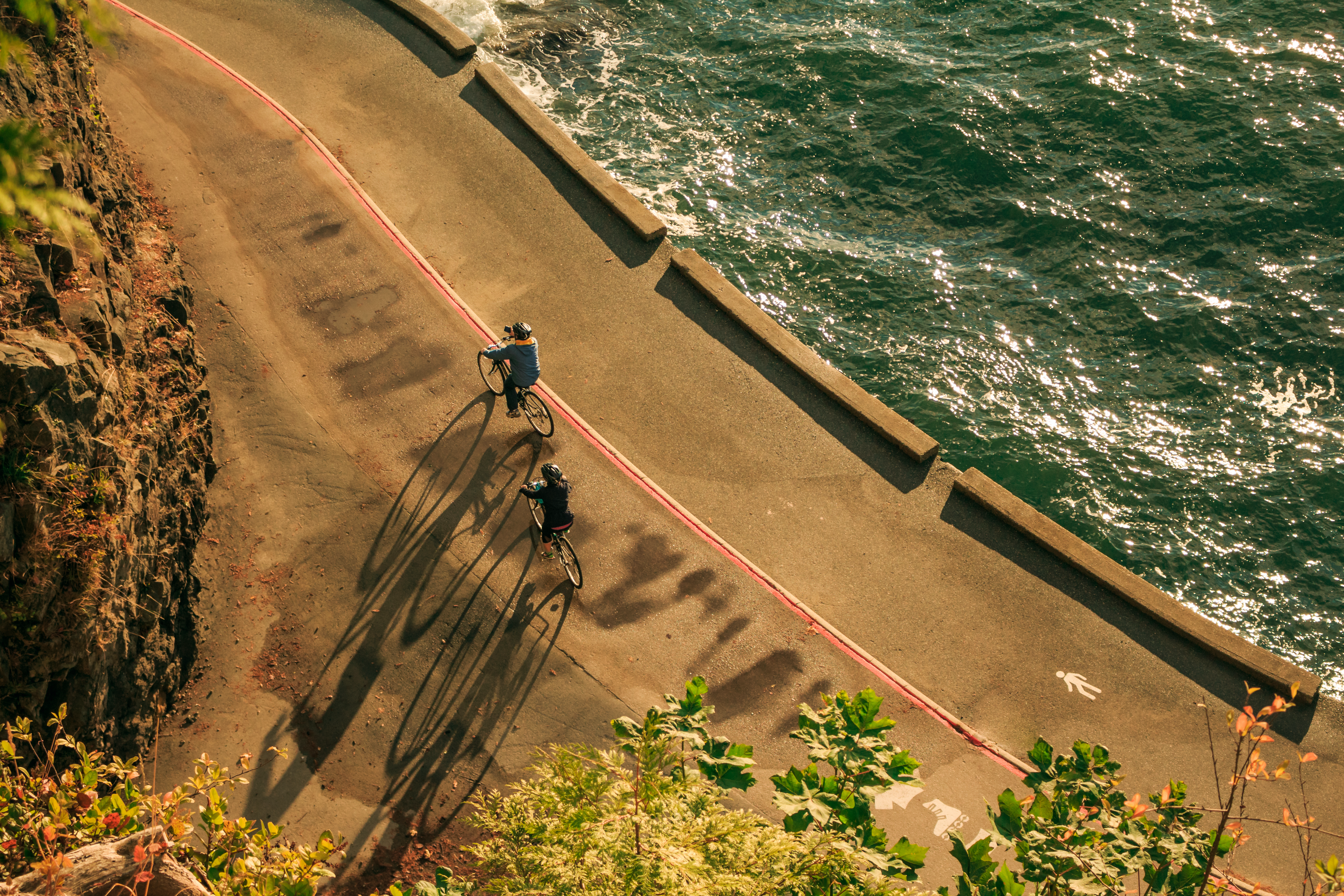 An aerial view of people biking along the Stanley Park seawall in Vancouver, surrounded by lush greenery and sparkling ocean waters.